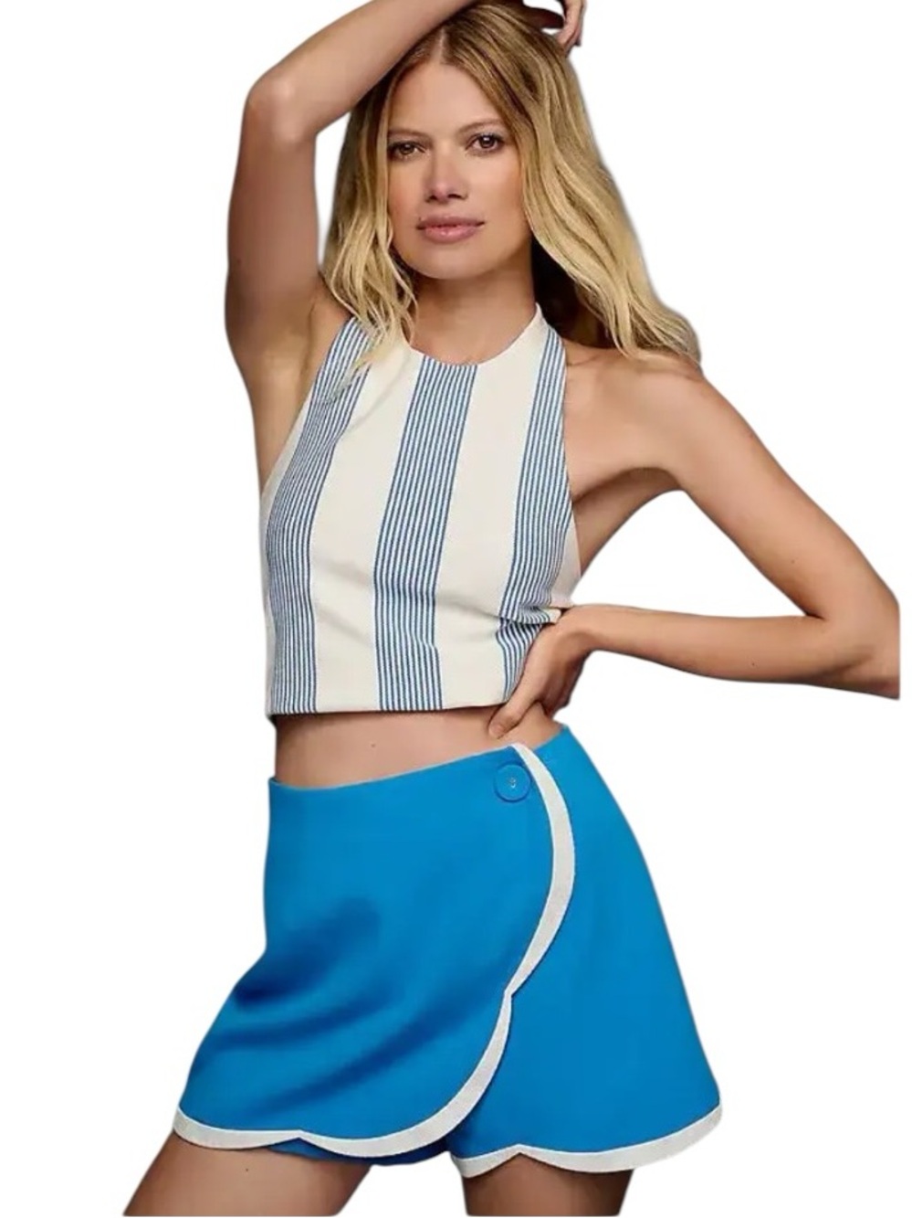 Maeve for Anthropologie Blue Scalloped Wrap Skort with White Trim